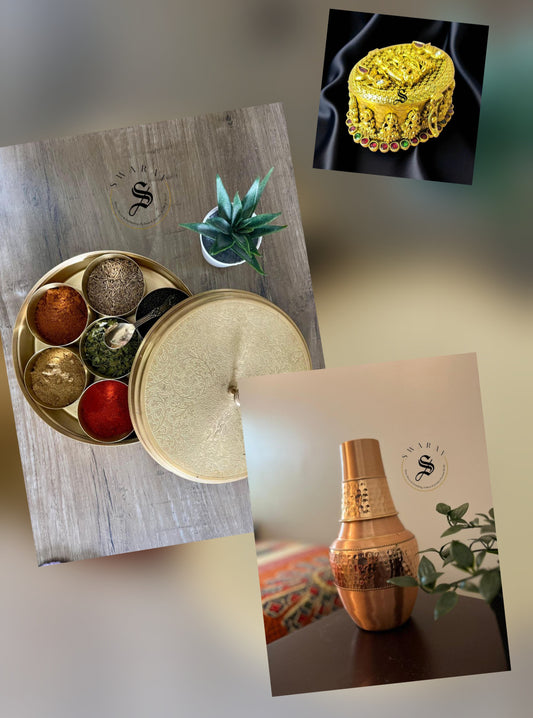 Royal tradition BUNDLE of Brass And Copper - Spice Box, Water pitcher and Kumkum box.