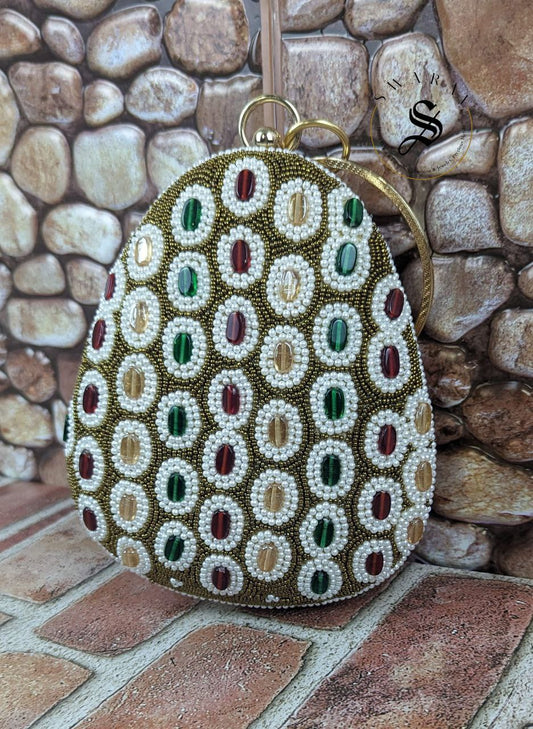 Coconut shape multi color oval beads party clutch.