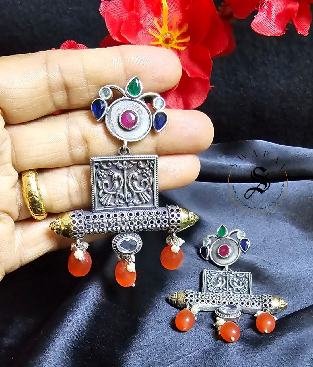 Oxidized handmade earrings. Rajwadi style with orange beads. Size - approx. 3 inches.