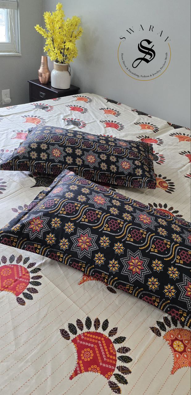 100% cotton Katha stitch and Applique design PRINTED Jaipur King Size flat sheet Set - 108 by 108 inch.