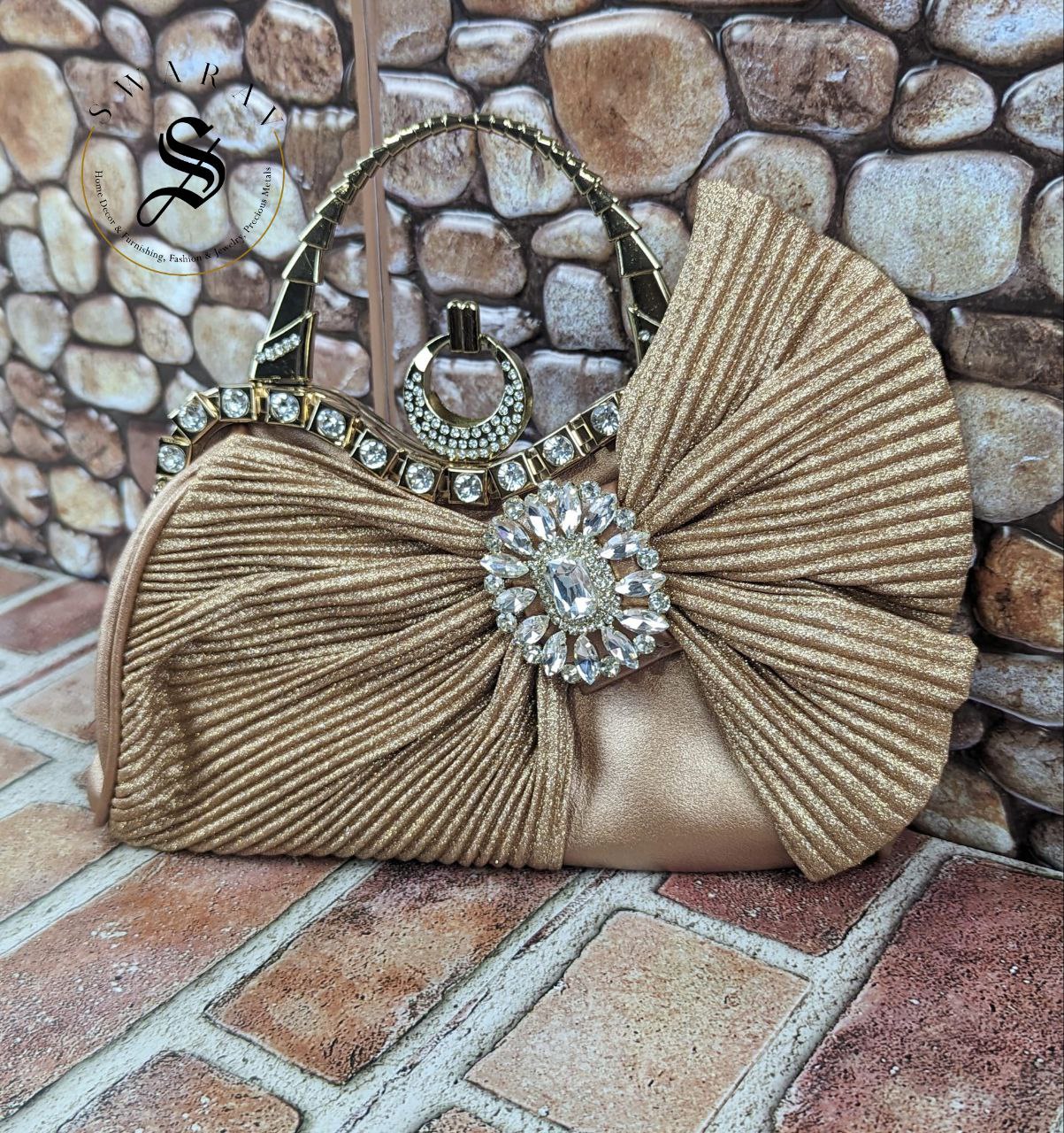 Faux Leather Side Bow Party Clutch -Gold Color.