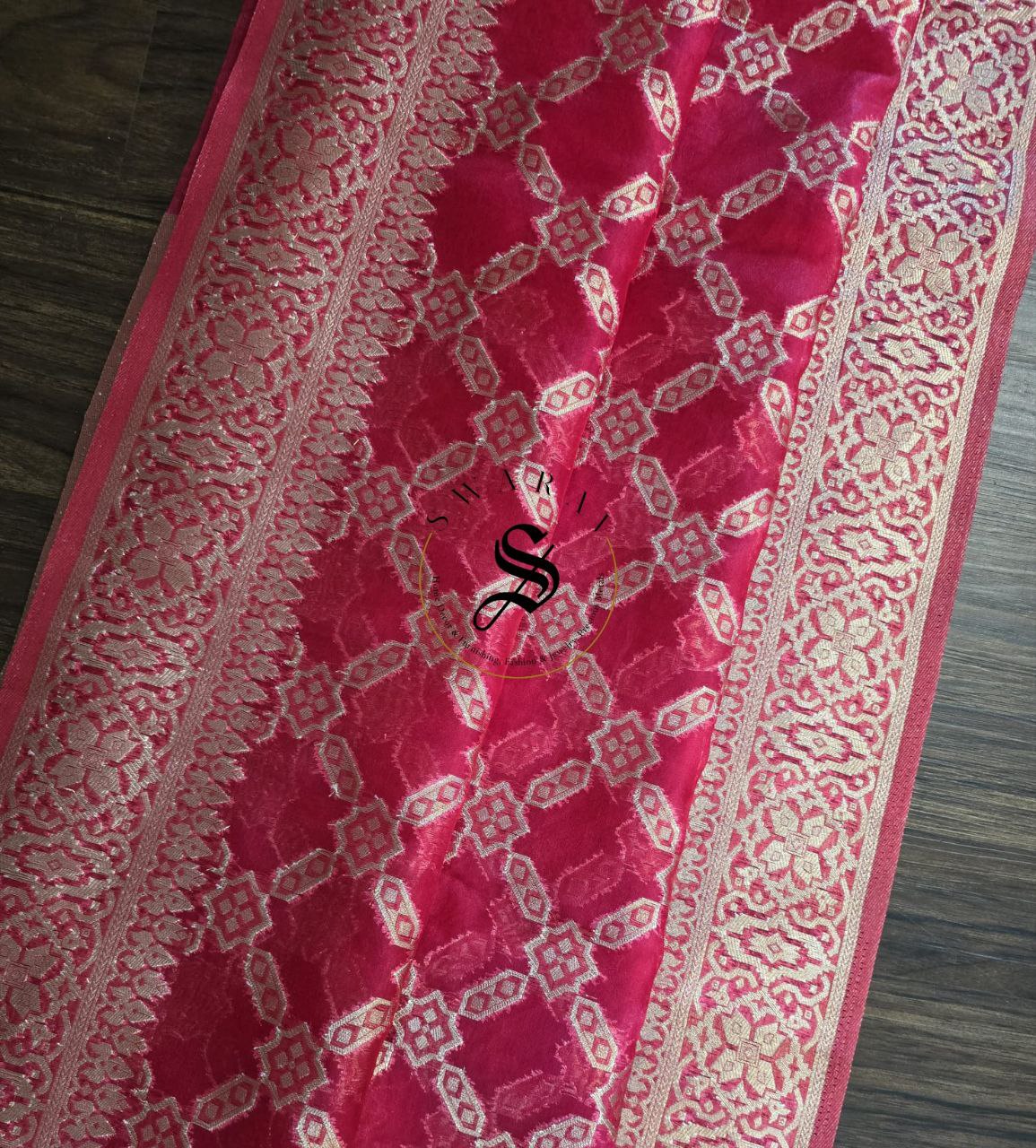 Organza Banarasi Saree with FREE ready to wear Blouse- Bridal Red.