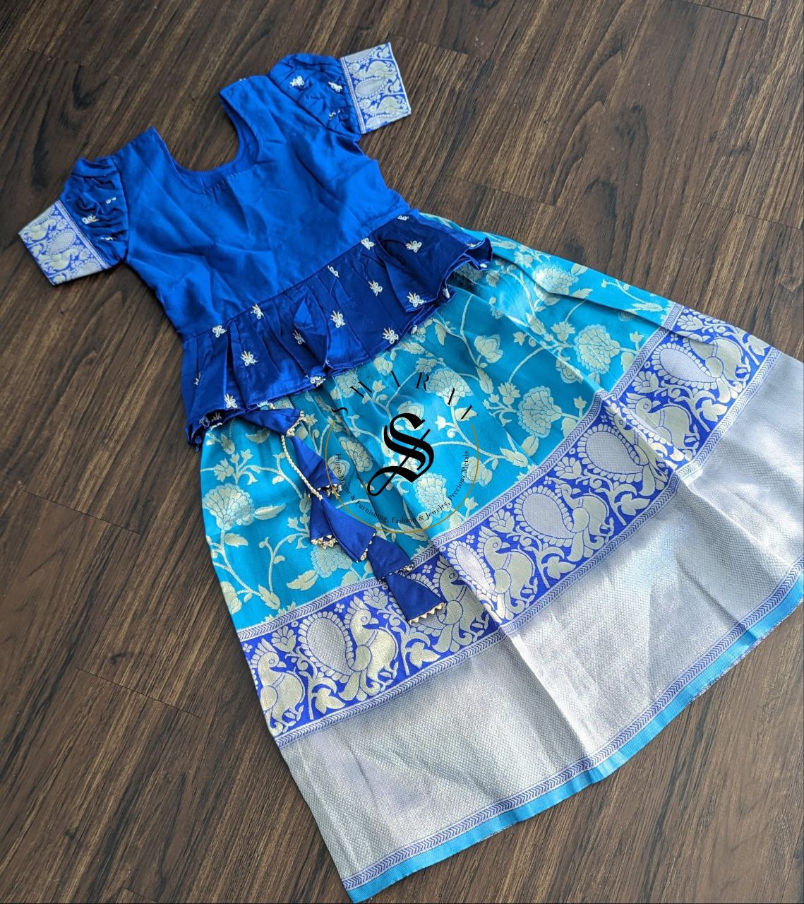 Zari woven cotton blend Pavadai set ( Ghaghra Blouse )for Baby Girl . Royal Blue. Age 6.