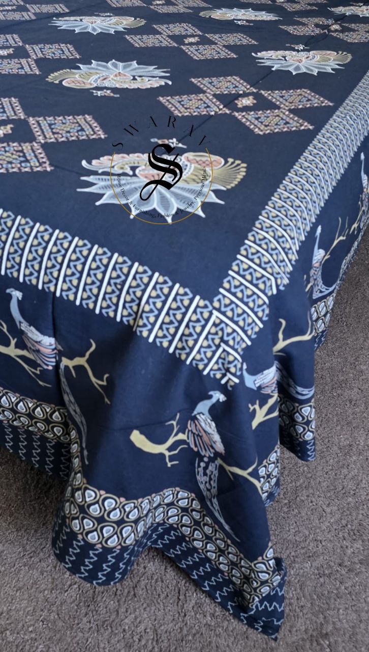 Jaipur Pure Cotton Queen Size Flat sheet Set - 102 by 88 inch. Blue Base with peacock design.