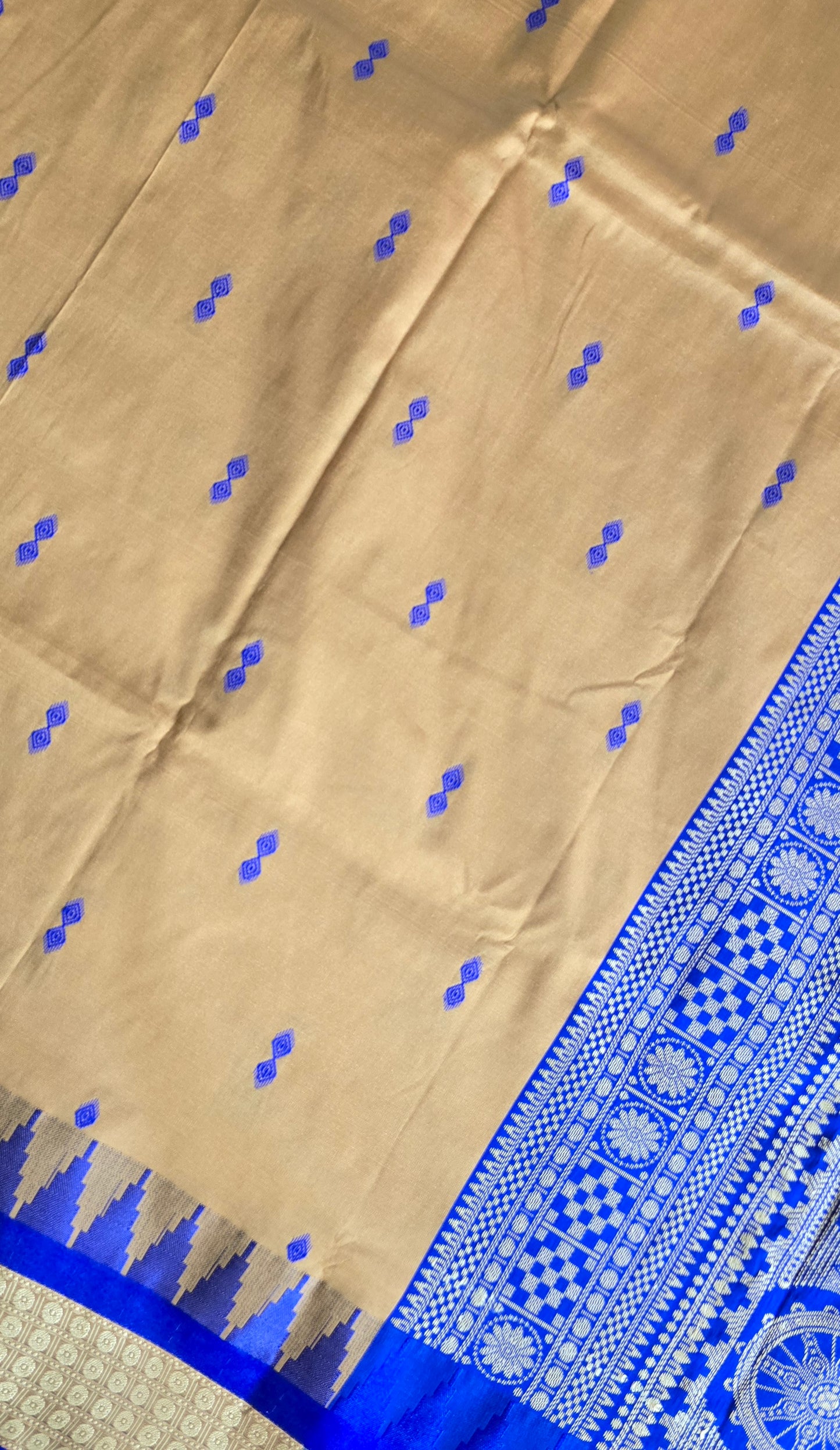 Mustard/turmeric yellow Sambalpuri Bomkai silk saree with royal blue stitched blouse. Code - SAR103