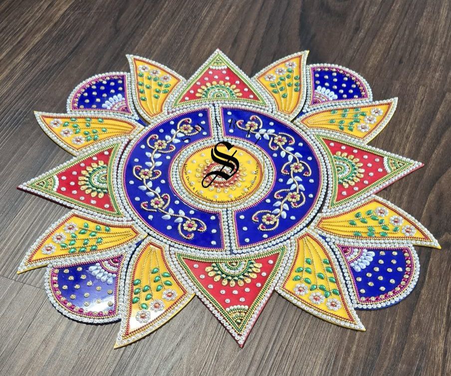 Handmade 19 piece Acrylic Rangoli. Size - 15 inch approx. Multi color.