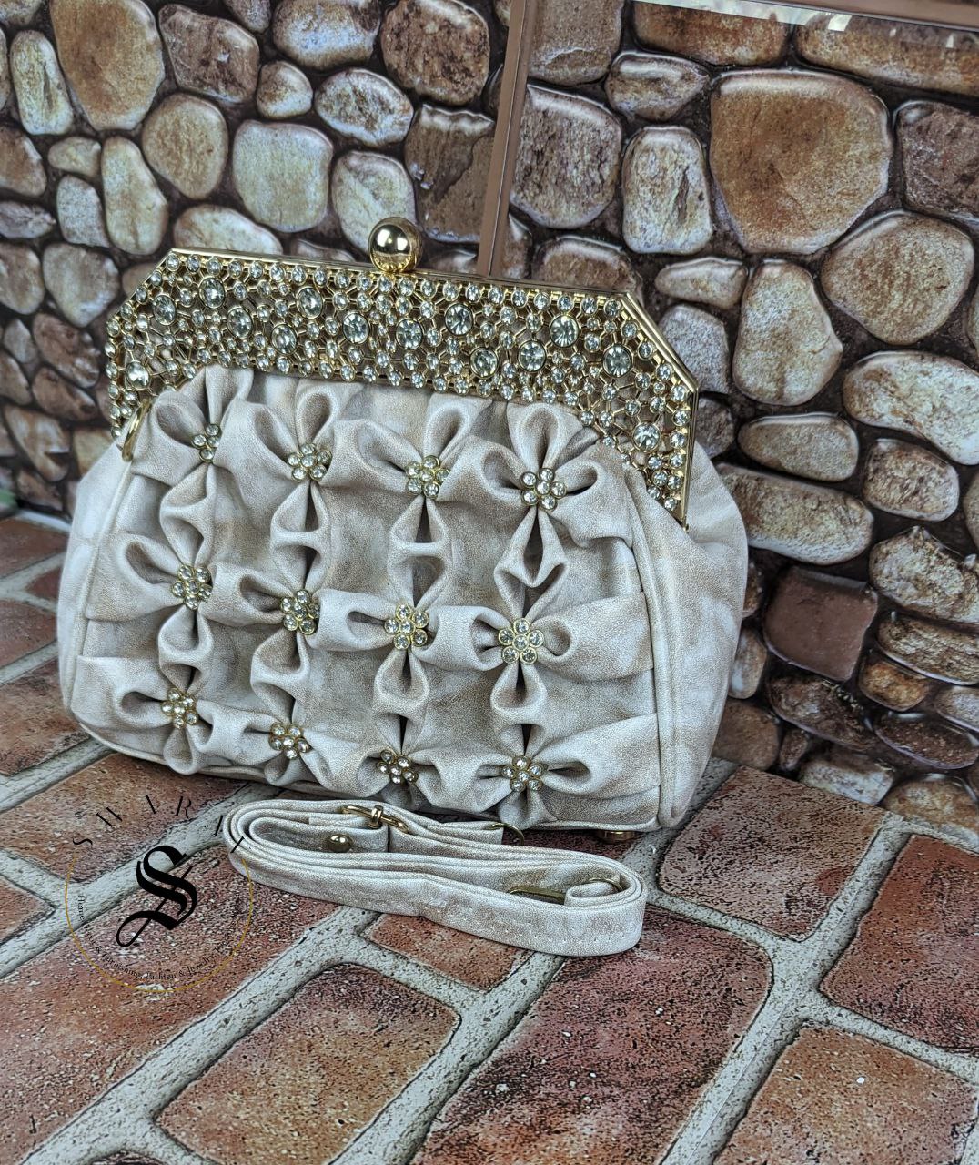 Faux Leather Floral party Clutch -Creamy White