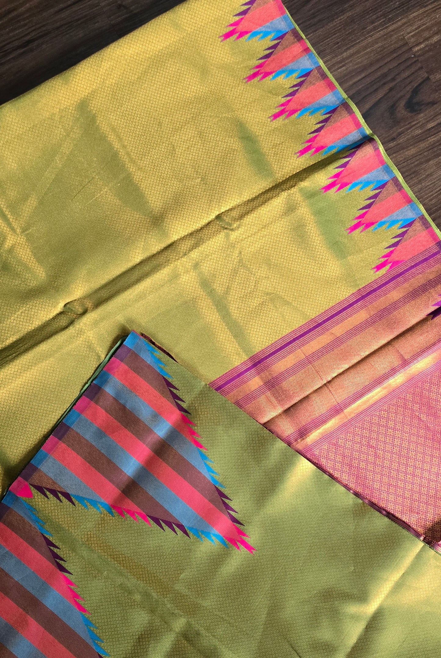 Mehendi green temple border semi silk Saree with dark purple Jacquard stitched blouse. Code - SAR106