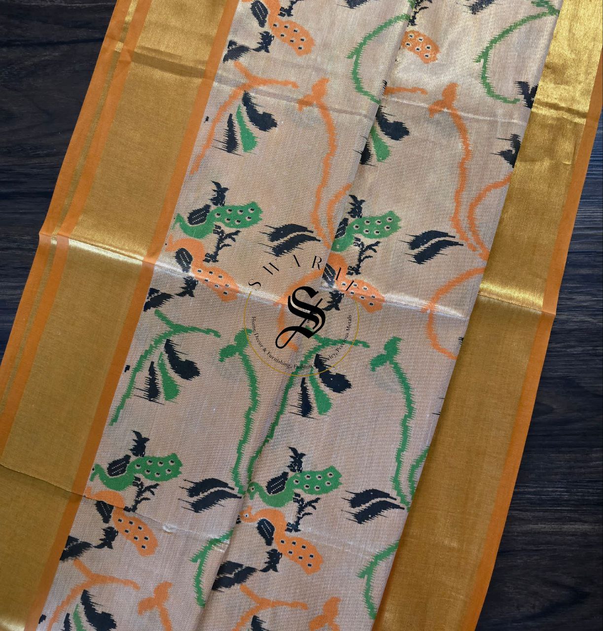 Jute by Tissue silk saree with warli inspired print. FREE ready to wear contrast Green Blouse.