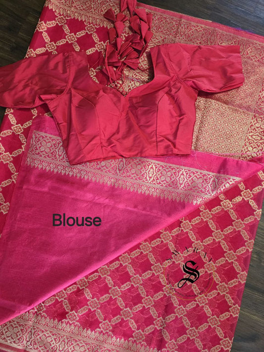 Organza Banarasi Saree with FREE ready to wear Blouse- Bridal Red.