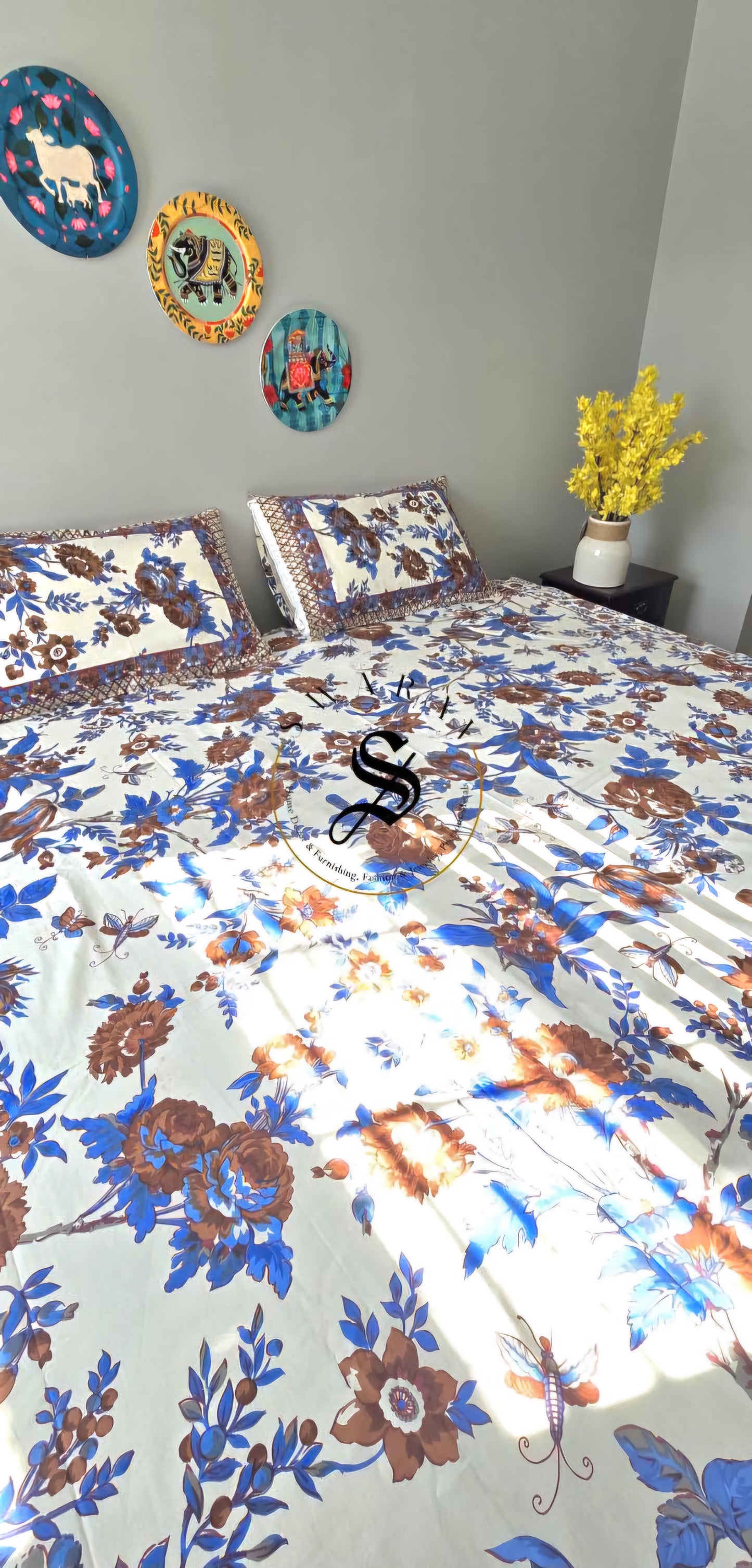 South Cotton thick fabric Jumbo King Size Bedsheet Set - 108 by 108 inch. Blue plant and leaf print.