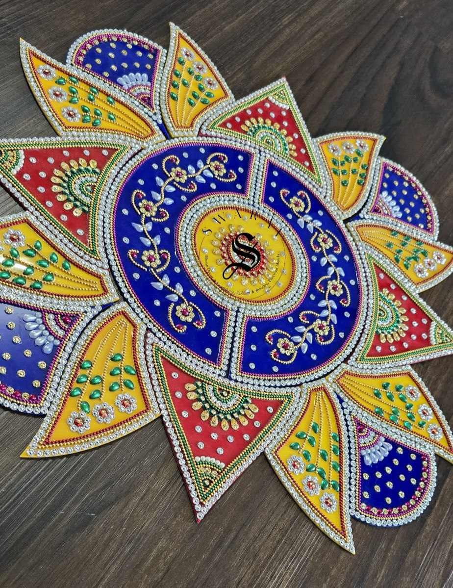 Handmade 19 piece Acrylic Rangoli. Size - 15 inch approx. Multi color.