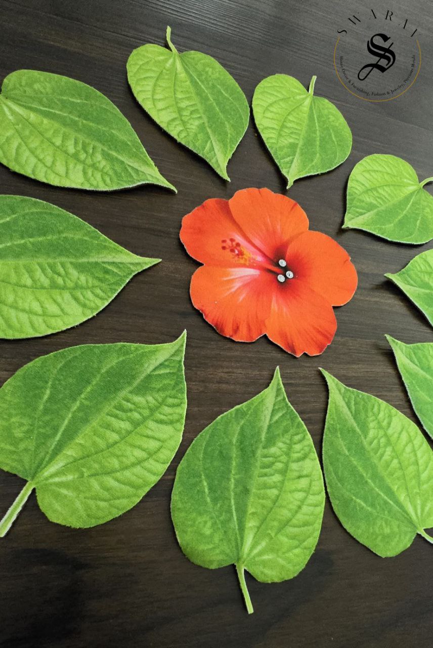 Shubhamastu - Fabric made 27pc set of Banana, Mango and Betelnut leaf and Hibiscus and Marigold Flower for floor or kalash or Pooja thali decor.