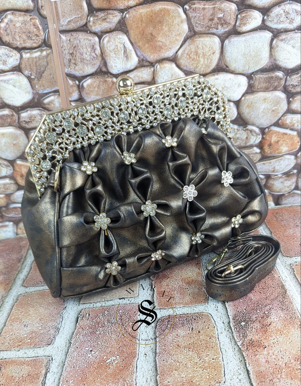 Faux Leather Floral Party Clutches - Black Brown