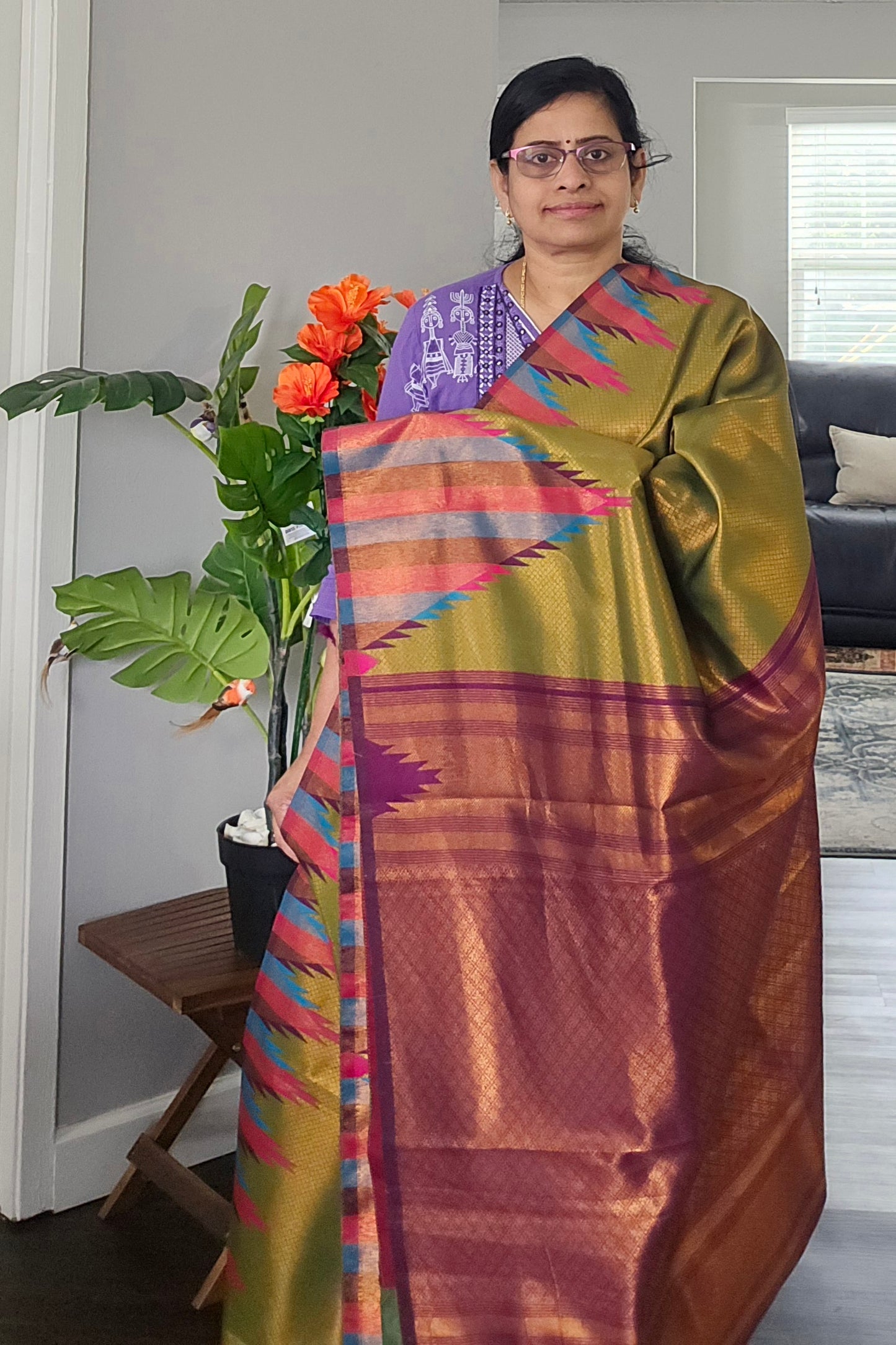 Mehendi green temple border semi silk Saree with dark purple Jacquard stitched blouse. Code - SAR106