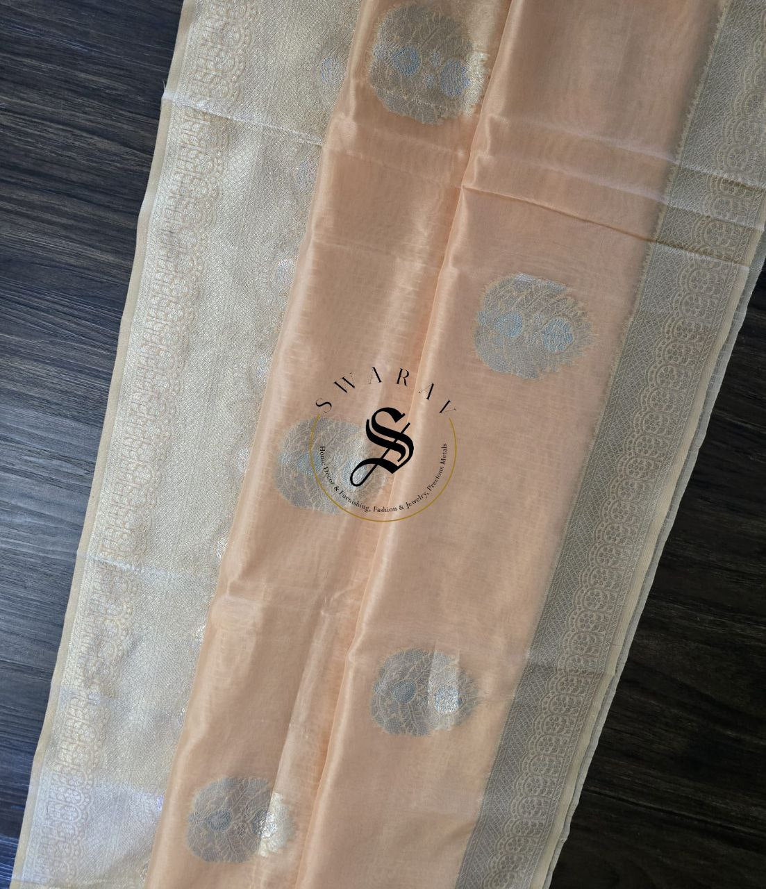 Soft peach color zari woven Organza Banarasi silk with zari motif matching Blouse piece