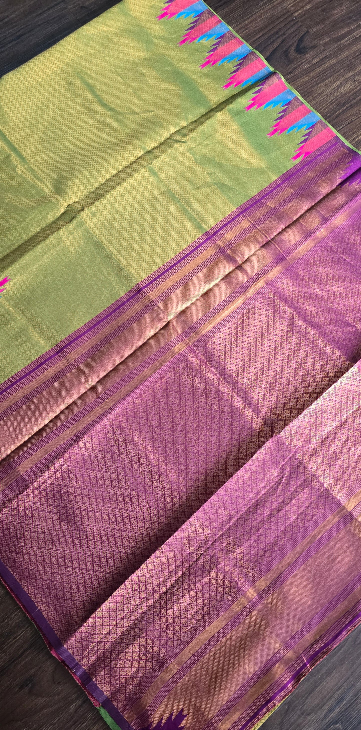 Mehendi green temple border semi silk Saree with dark purple Jacquard stitched blouse. Code - SAR106