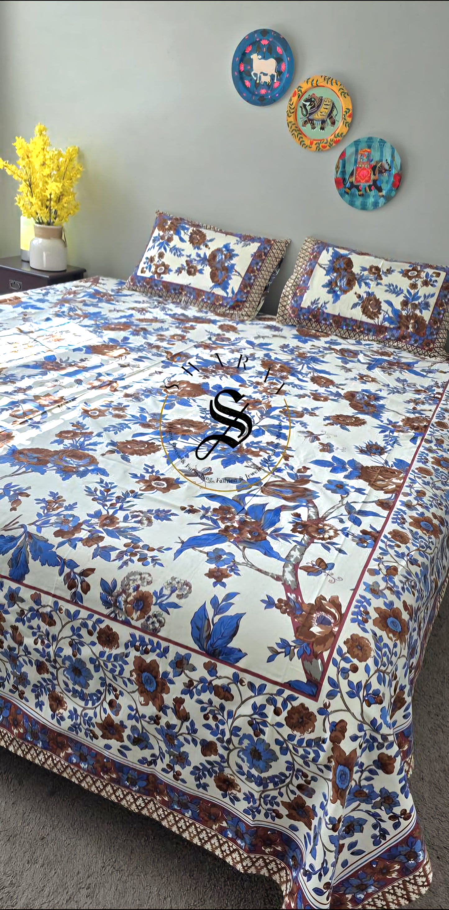 South Cotton thick fabric Jumbo King Size Bedsheet Set - 108 by 108 inch. Blue plant and leaf print.