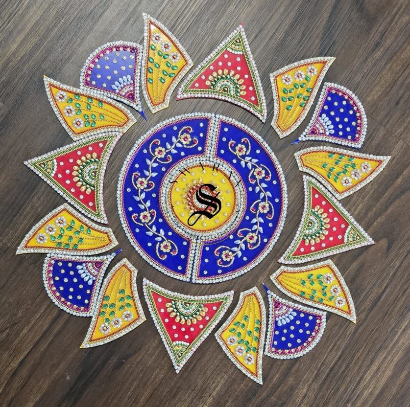 Handmade 19 piece Acrylic Rangoli. Size - 15 inch approx. Multi color.