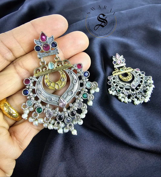 Oxidized stone studded chandbali earring