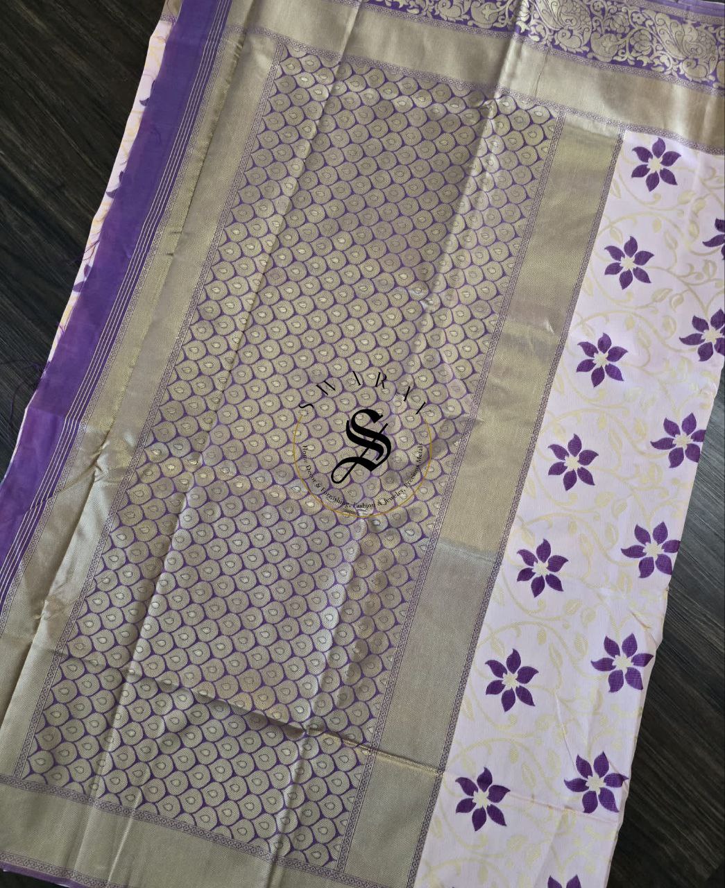 Jute by Satin Silk creamy pink Saree with FREE contrast purple stitched ready to wear Blouse.