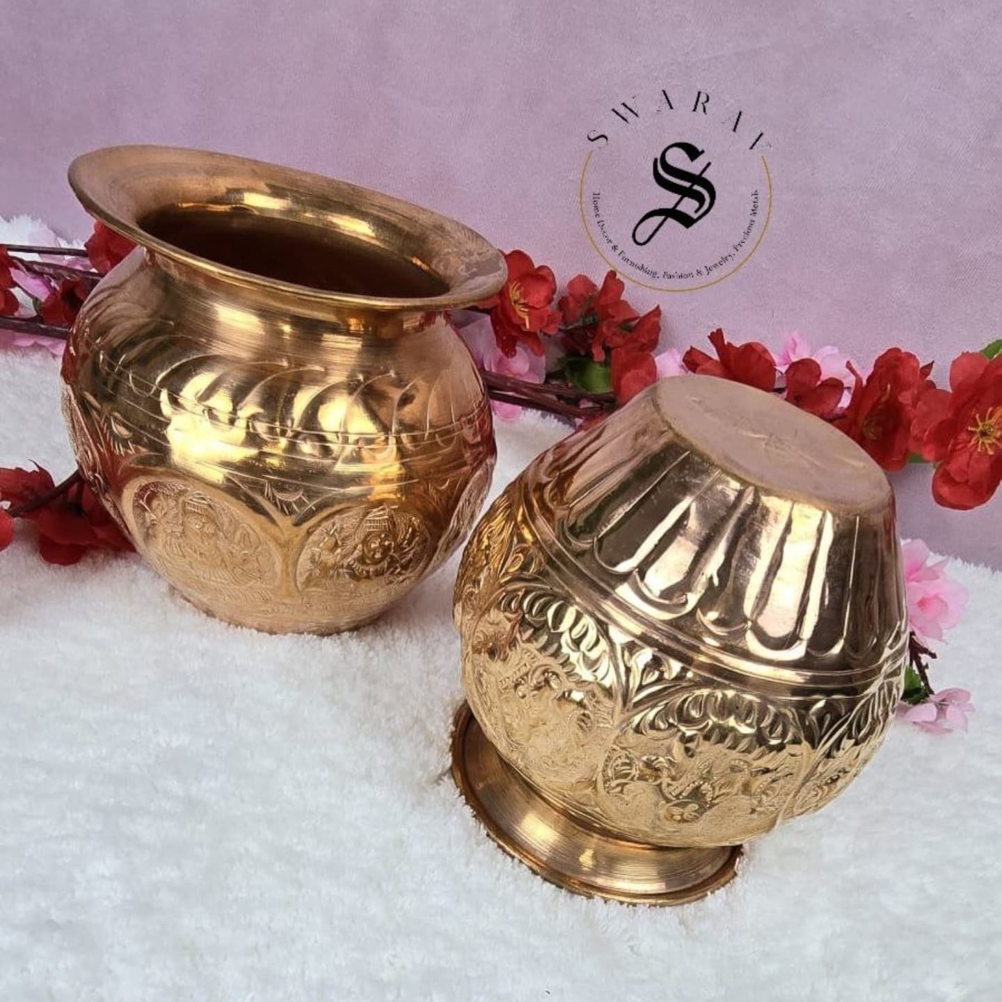 Pack of 2 - Pure copper Lakshmi engraved Kalash. Size - 6 inches.