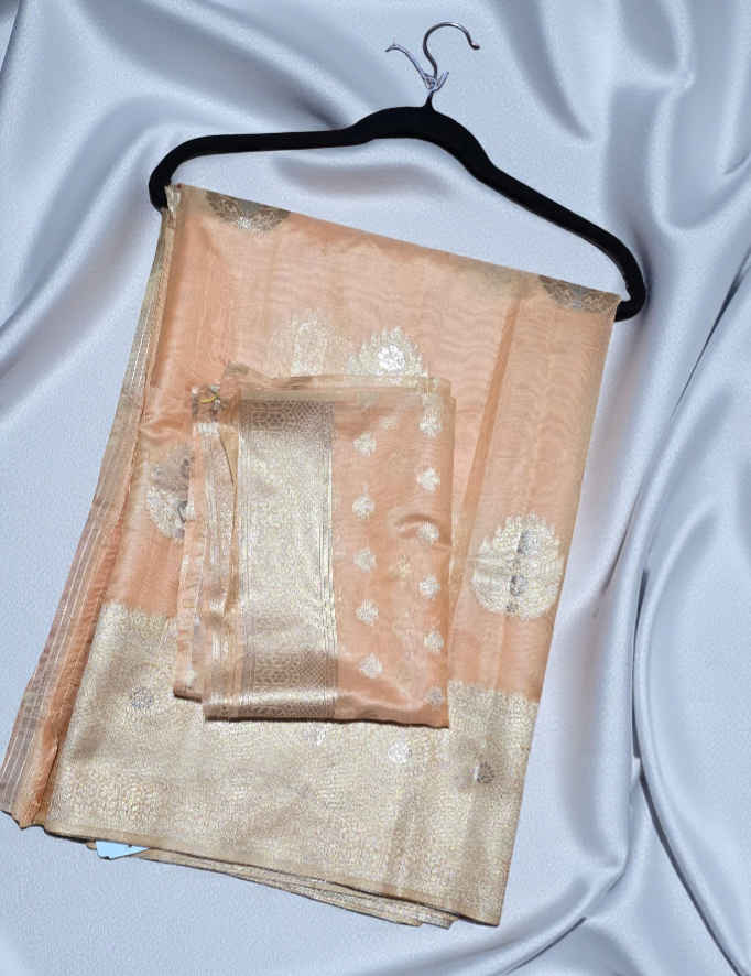 Soft peach color zari woven Organza Banarasi silk with zari motif matching Blouse piece