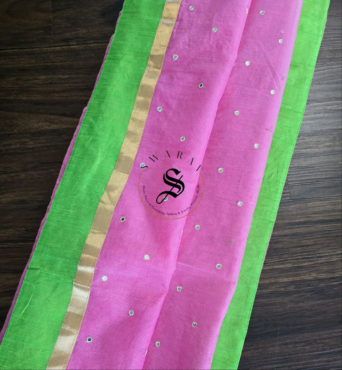 Kota mix cotton small mirror work saree with contrast stiched work blouse.