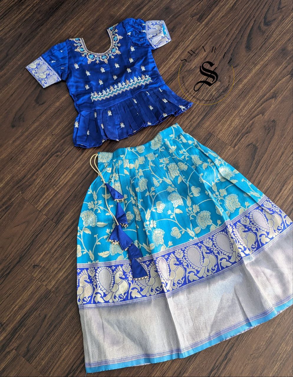 Zari woven cotton blend Pavadai set ( Ghaghra Blouse )for Baby Girl . Royal Blue. Age 6.