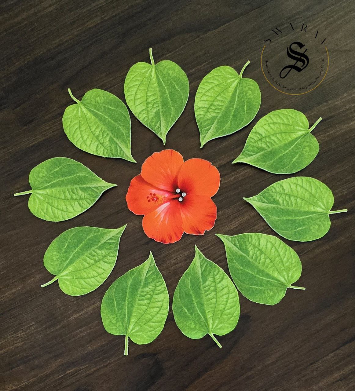 Shubhamastu - Fabric made 27pc set of Banana, Mango and Betelnut leaf and Hibiscus and Marigold Flower for floor or kalash or Pooja thali decor.