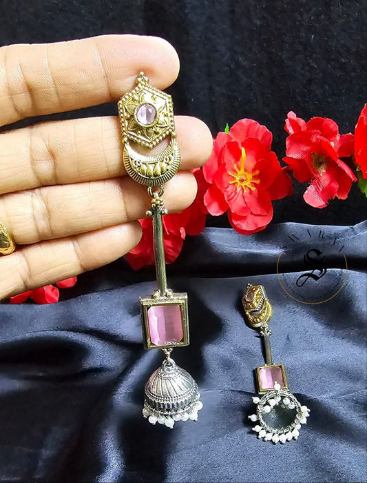 Oxidized handmade long earrings with pink Monalisa stone and a dangling jhumka. size - Approx. 6 inches