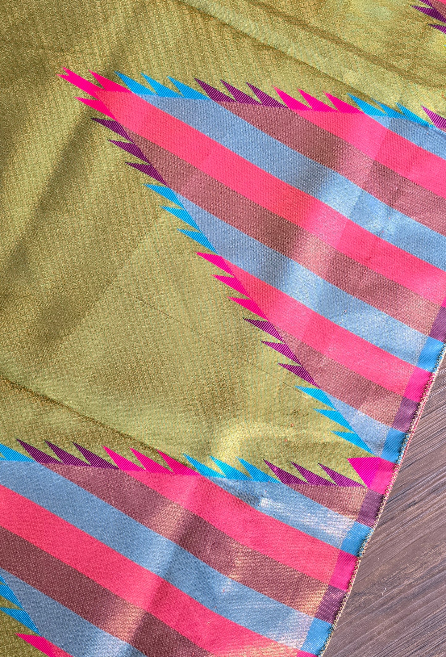 Mehendi green temple border semi silk Saree with dark purple Jacquard stitched blouse. Code - SAR106