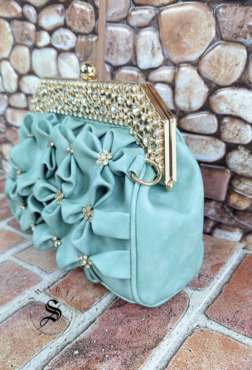 Faux Leather Floral party Clutch - Rama Green.