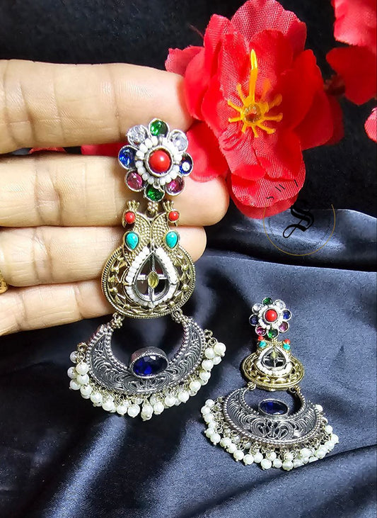 Oxidized handmade multi stone studded earring. Length - Approx 5 iches