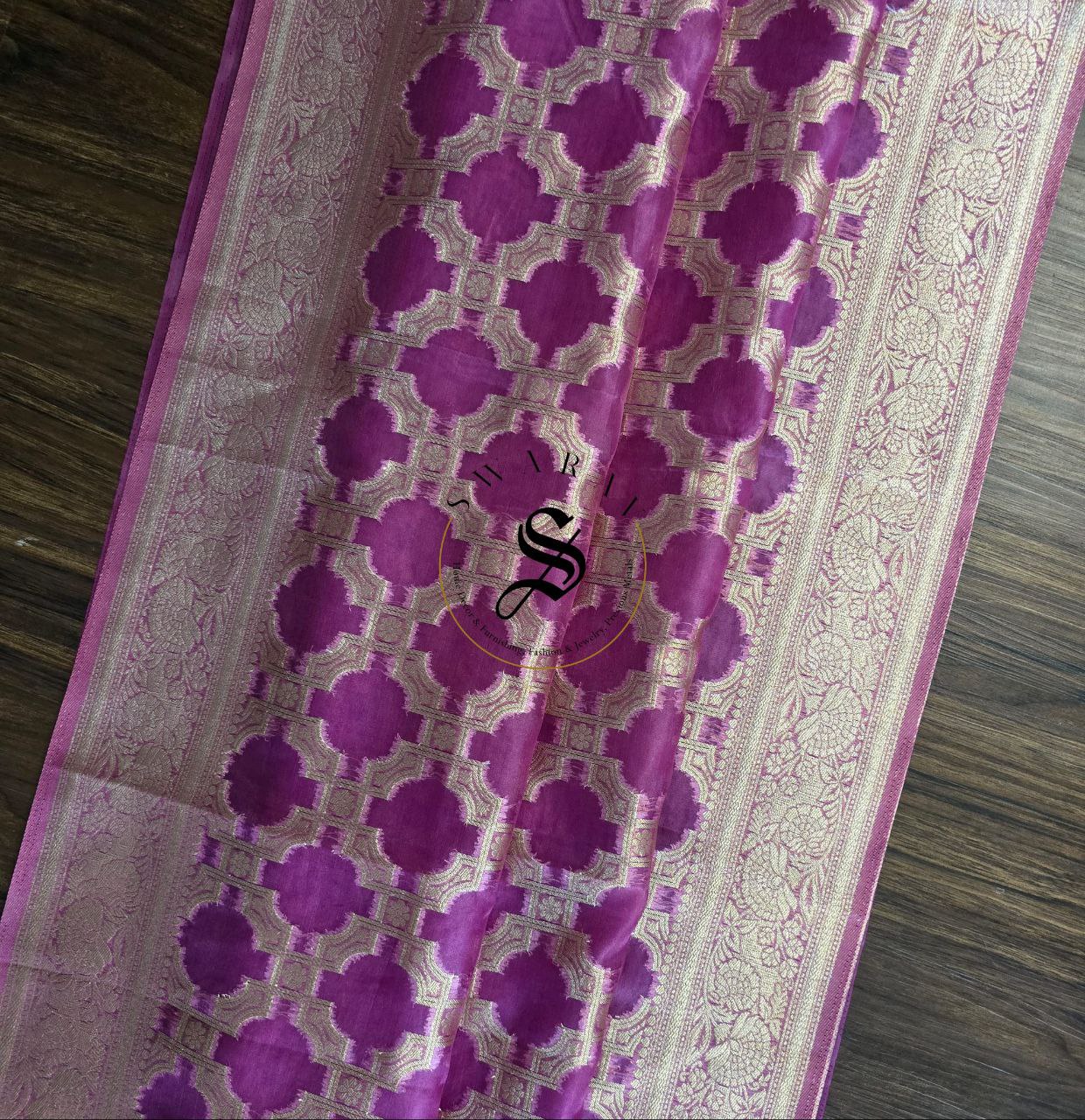 Organza Banarasi Saree in full zari weave with FREE ready to wear blouse. Color - Magenta.