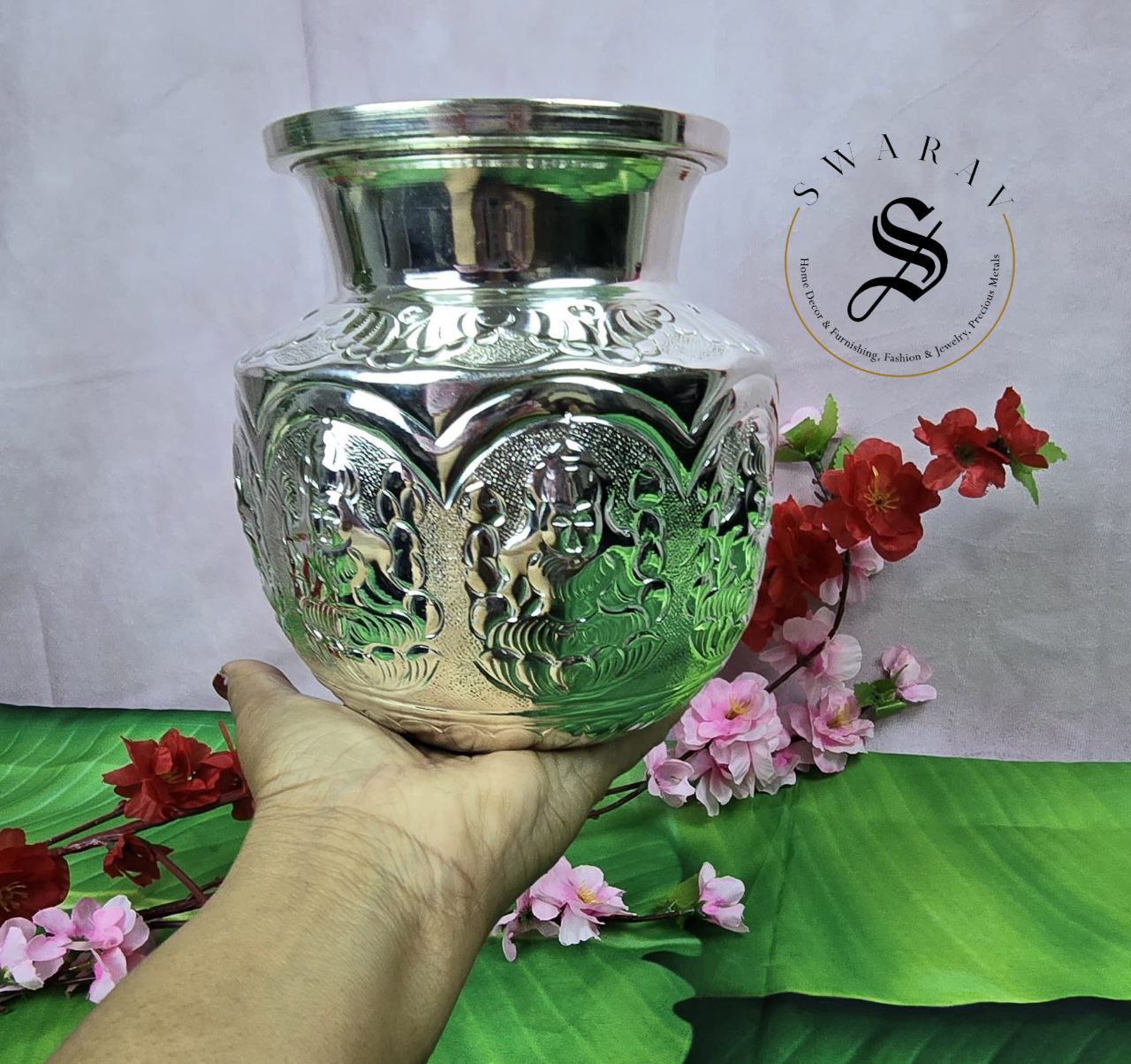 German Silver Lakshmi engraved Kalash. Size -6 inch.