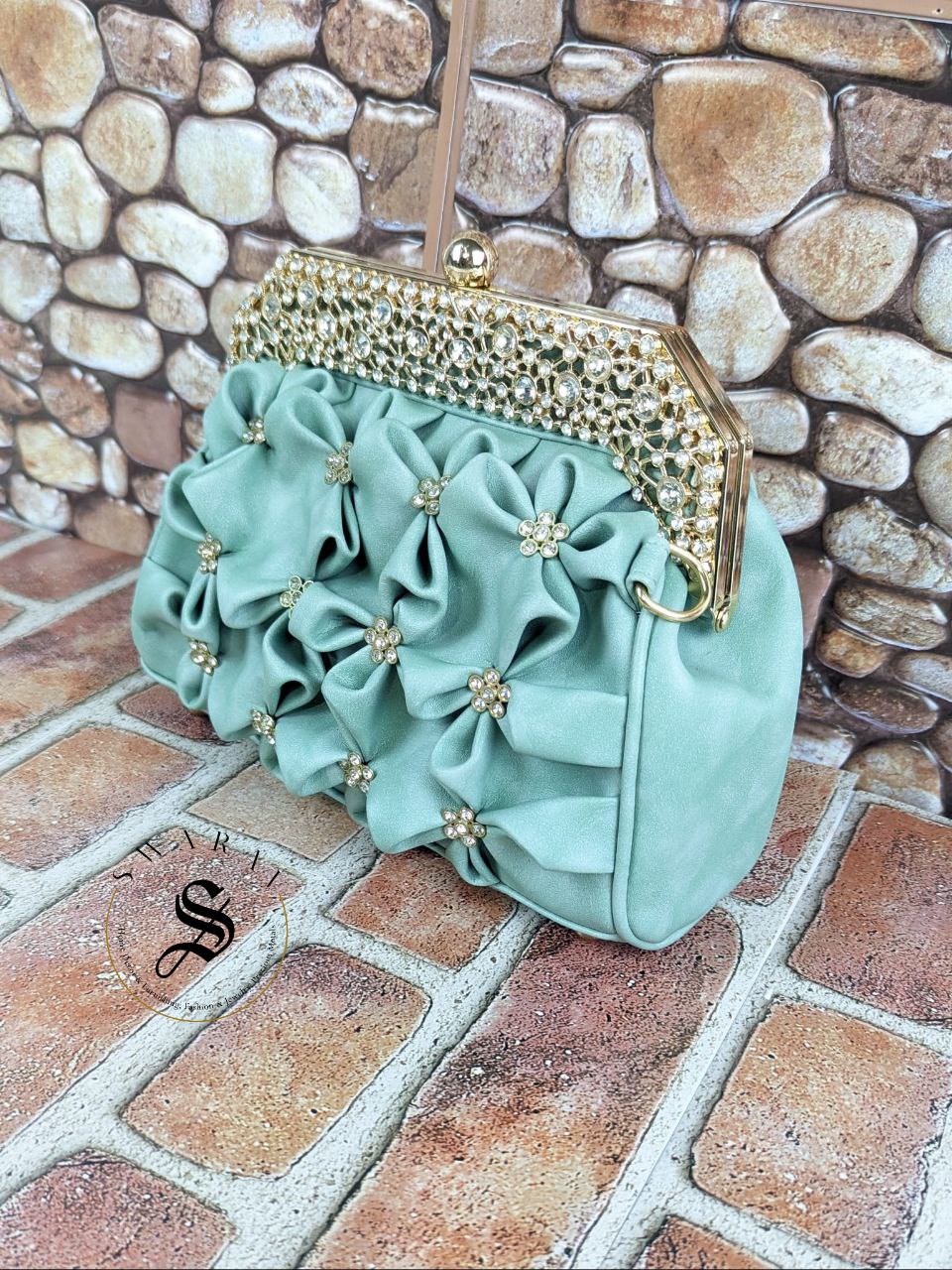 Faux Leather Floral party Clutch - Rama Green.