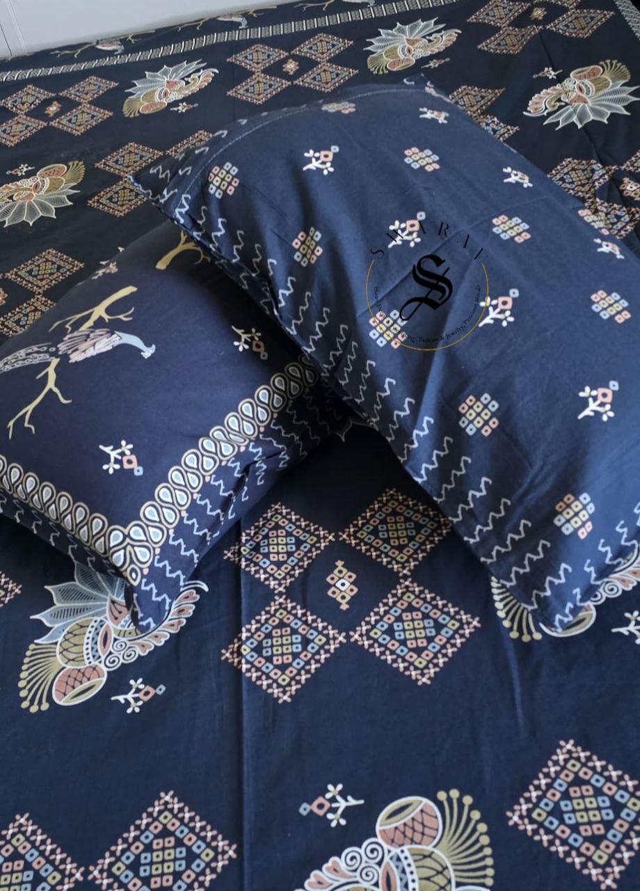 Jaipur Pure Cotton Queen Size Flat sheet Set - 102 by 88 inch. Blue Base with peacock design.