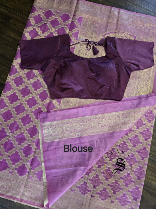 Organza Banarasi Saree in full zari weave with FREE ready to wear blouse. Color - Magenta.