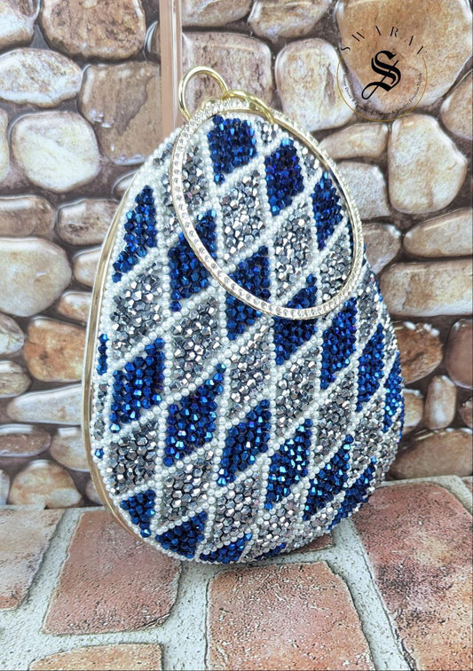 Coconut shape party clutch with Peacock Blue and Silver crystal Beads.