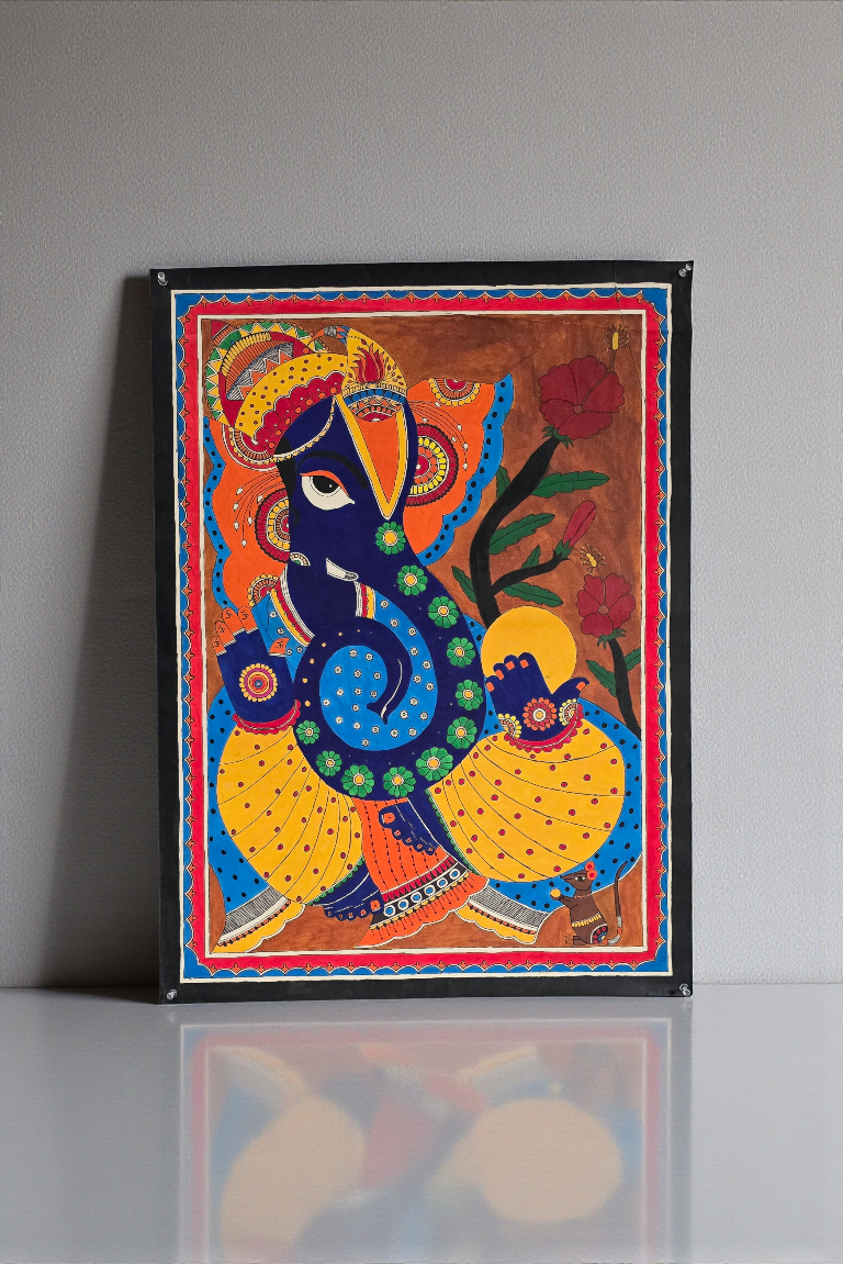 Madhubani or Mithila Painting – Lord Ganesha with his beautiful ornaments and Laddu in hand.