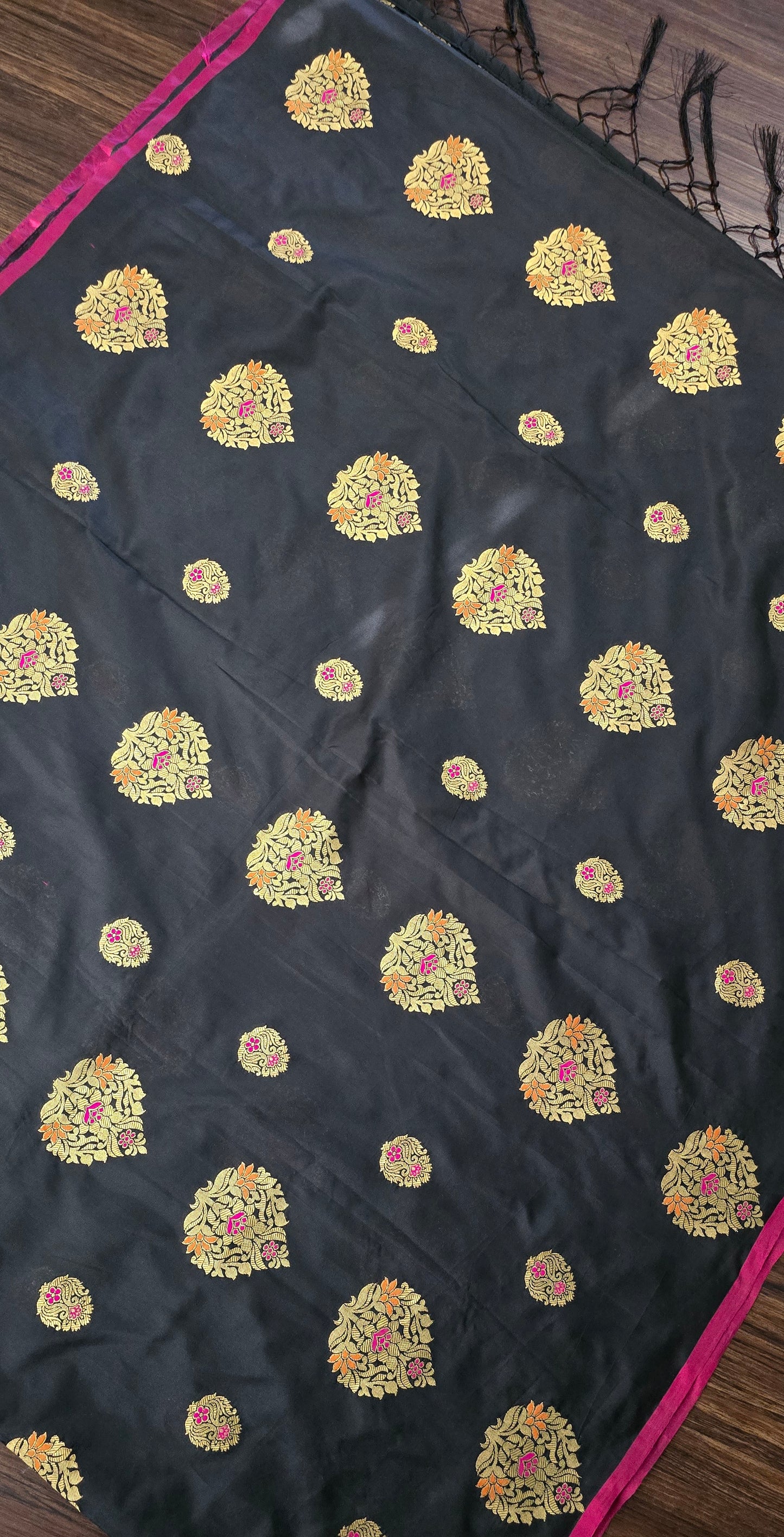 Black Art Silk soft saree in zari weave border and butas with stitched Blouse.