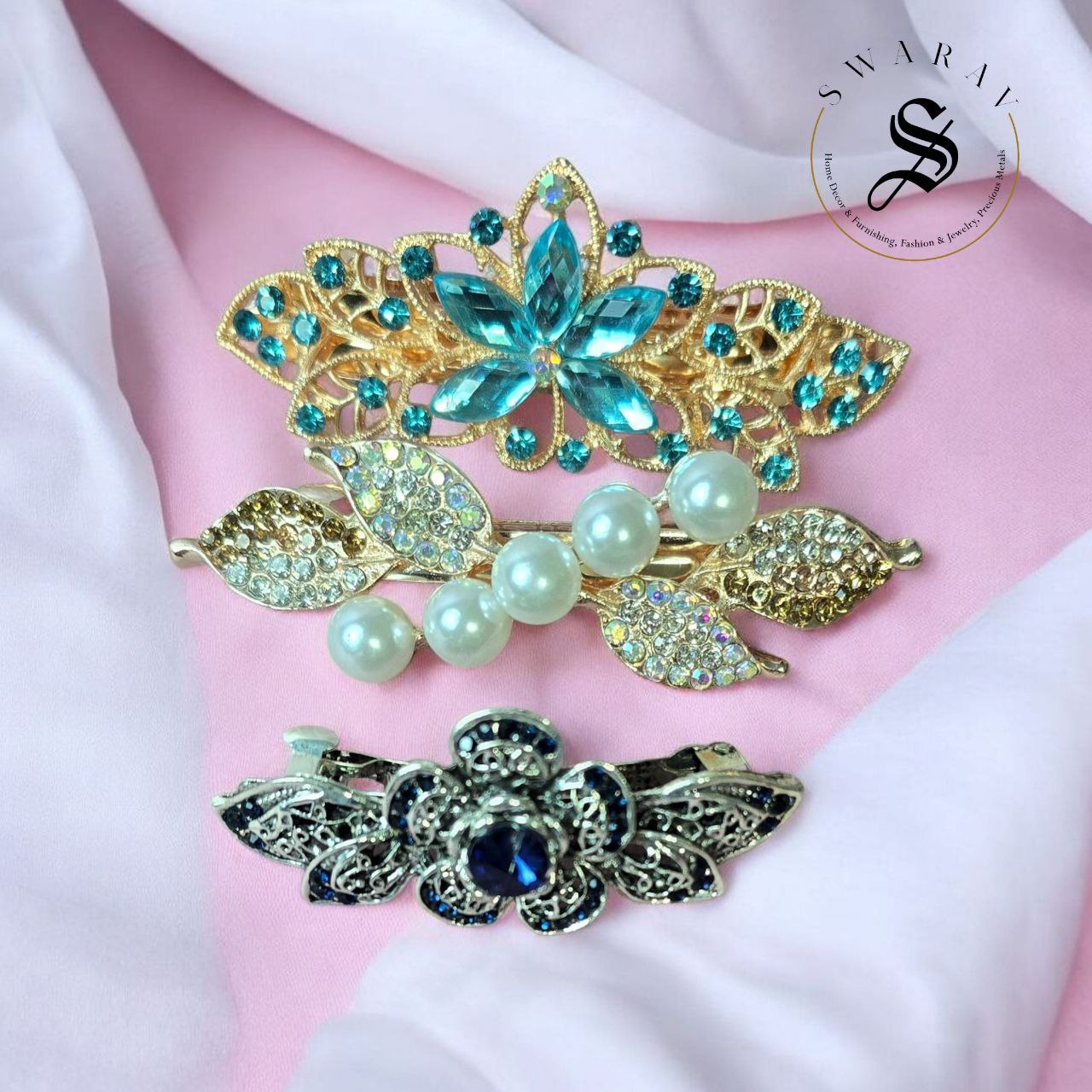 Pack of 3 floral and sparkly hair barrette clips for women with rhinestone and crystal.