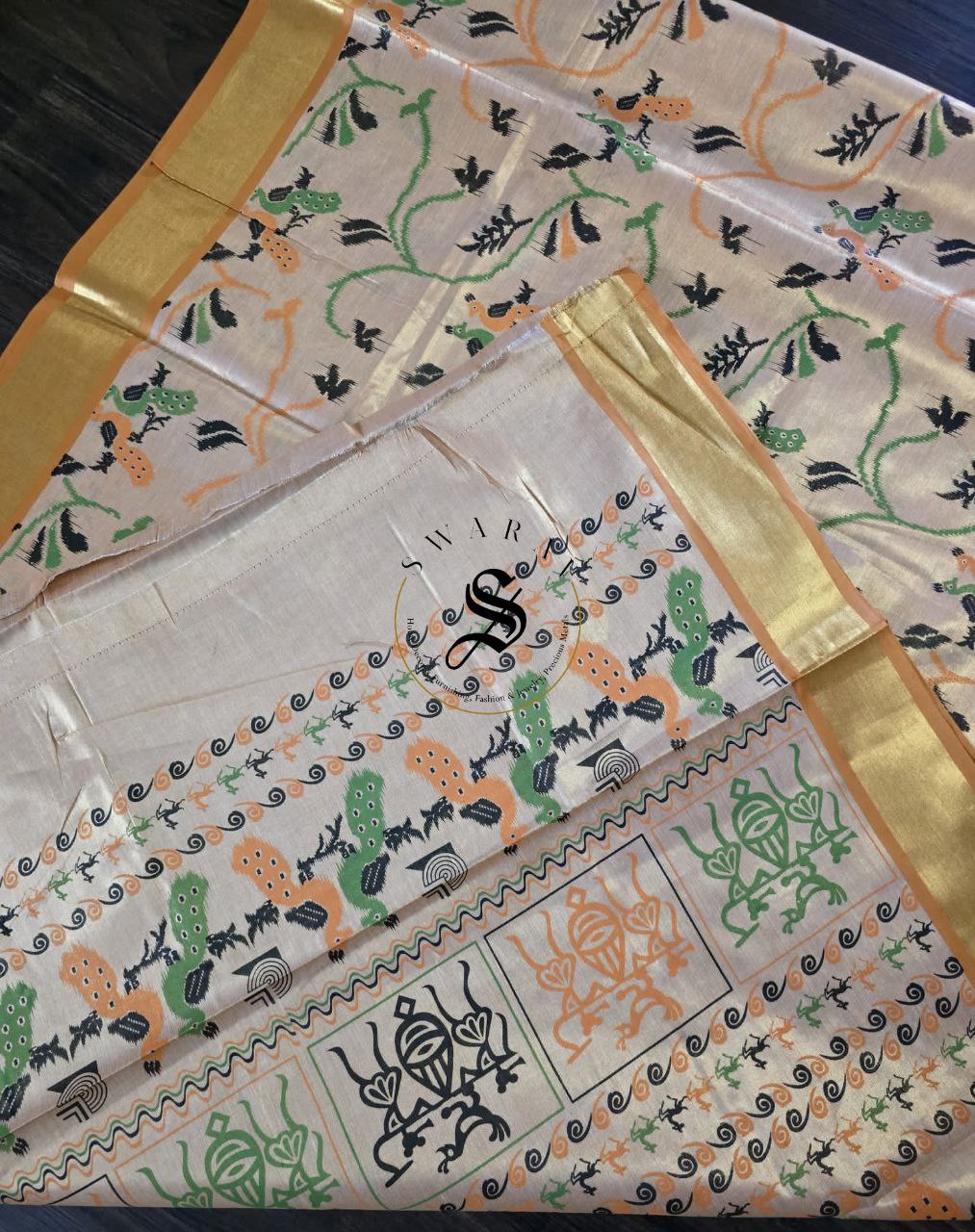 Jute by Tissue silk saree with warli inspired print. FREE ready to wear contrast Green Blouse.