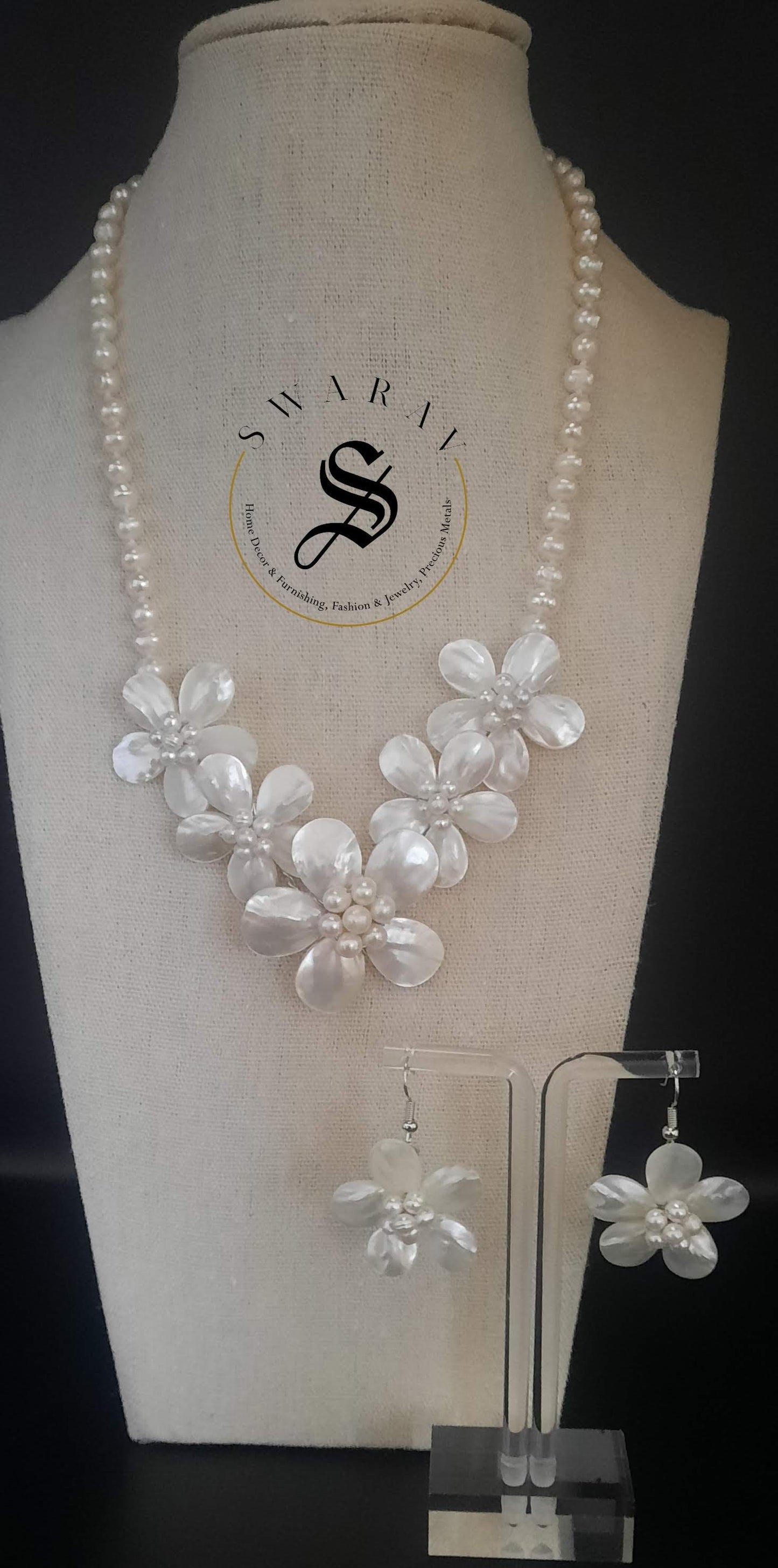 Cultured Pearl and MOP short floral Necklace set.