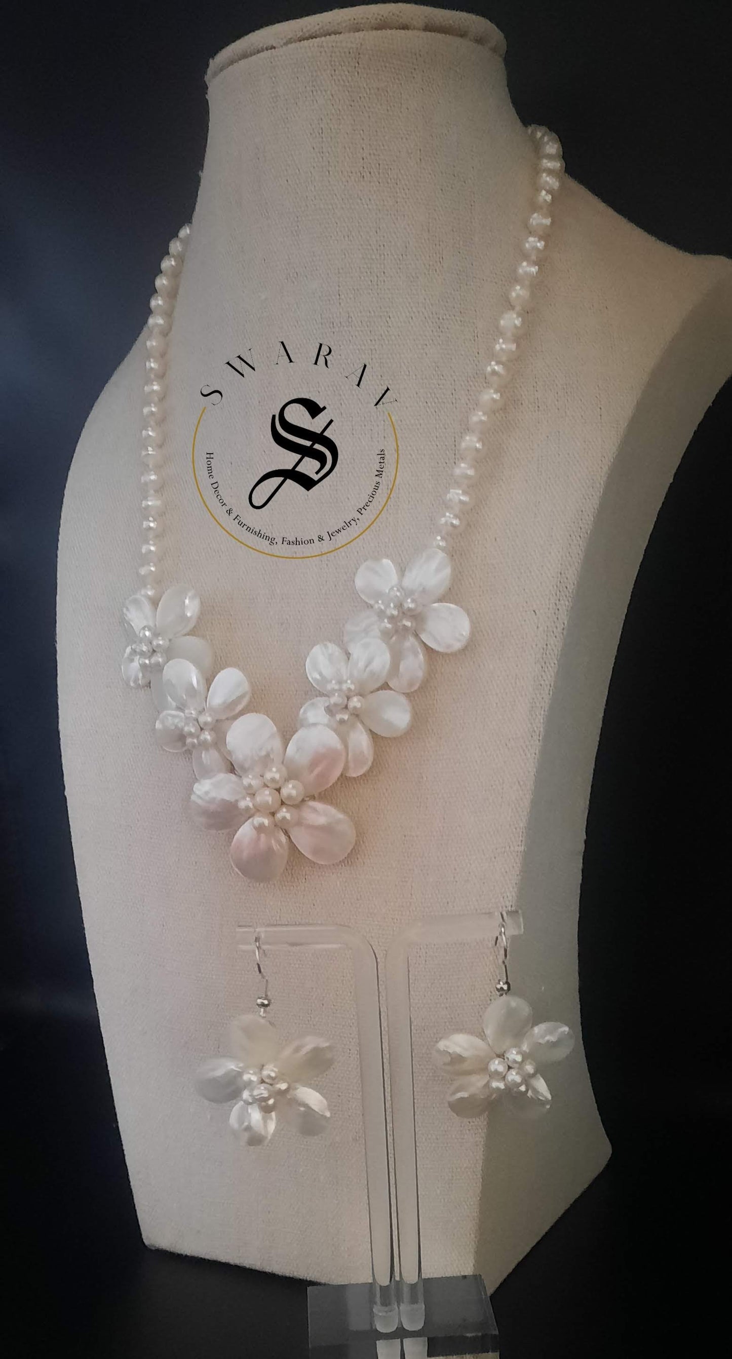 Cultured Pearl and MOP short floral Necklace set.