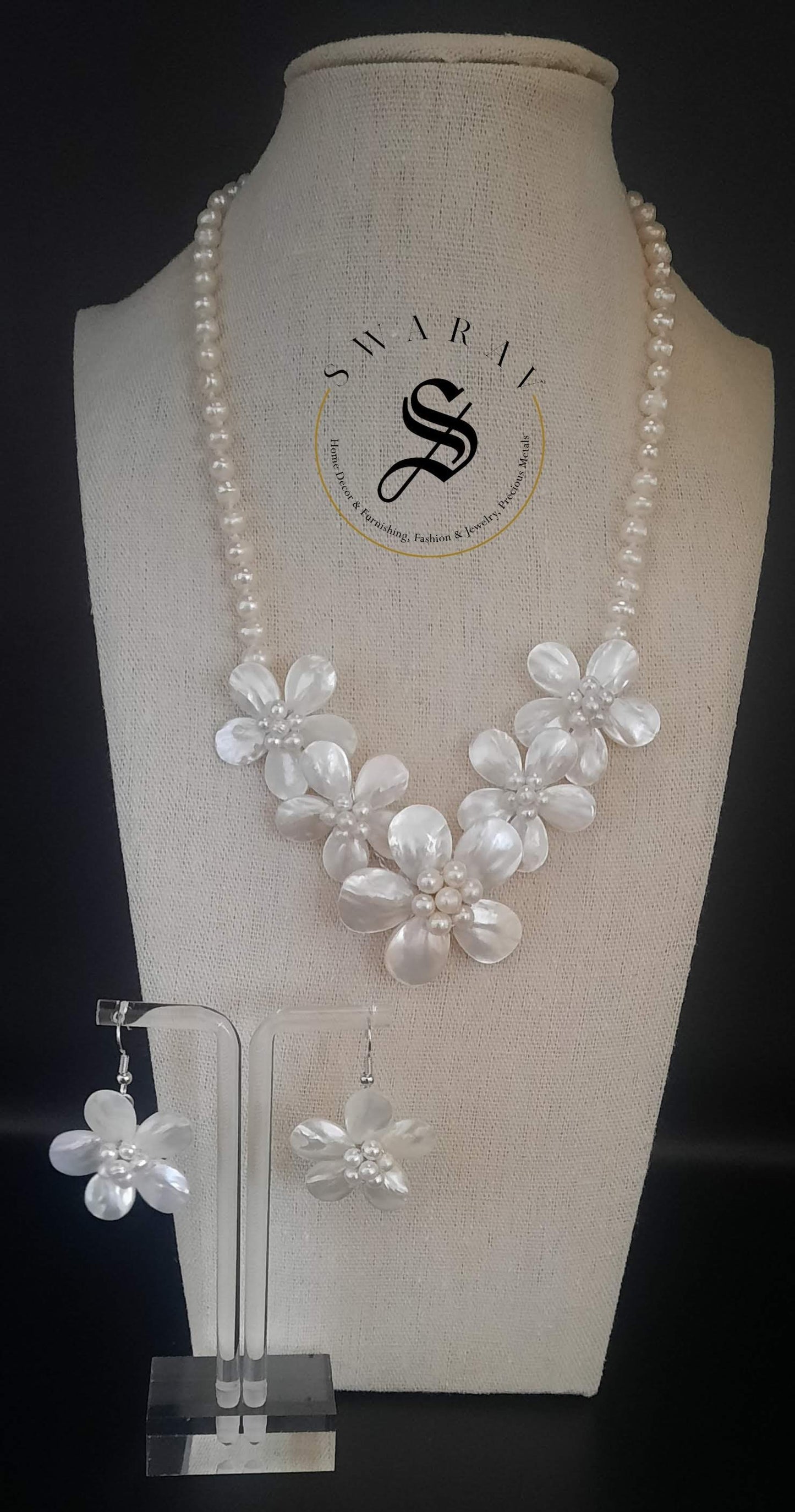 Cultured Pearl and MOP short floral Necklace set.