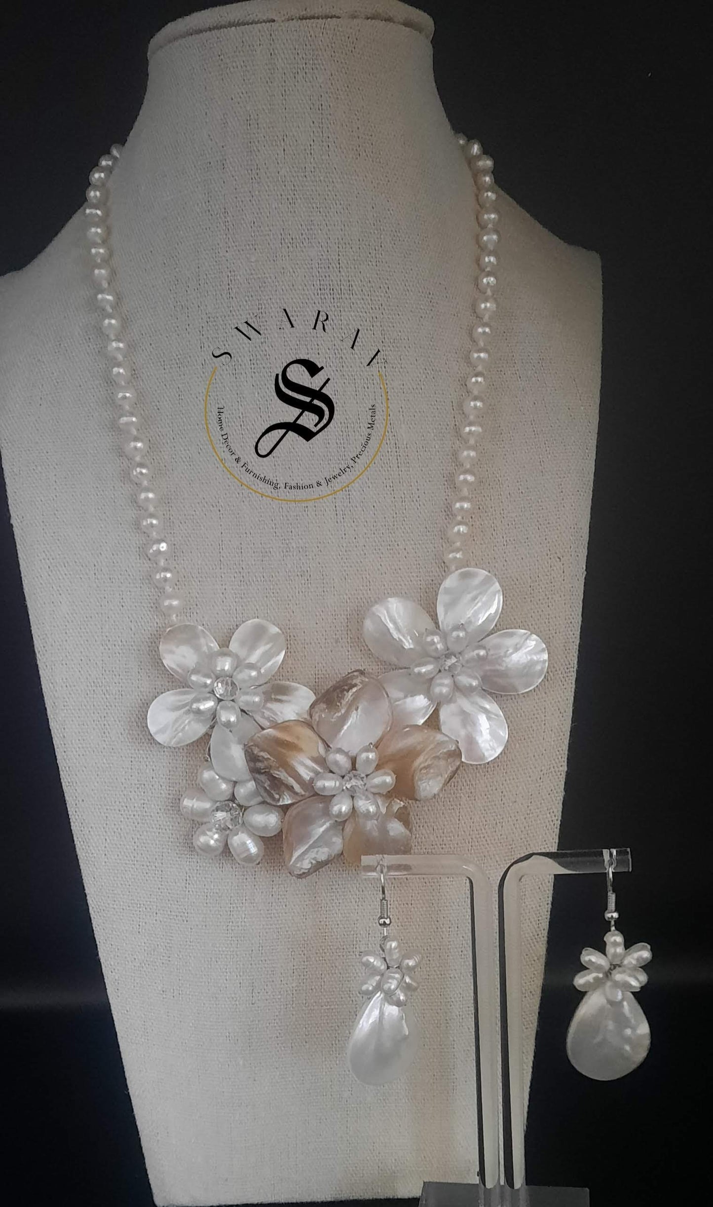 Cultured Pearl and MOP short floral Necklace set.