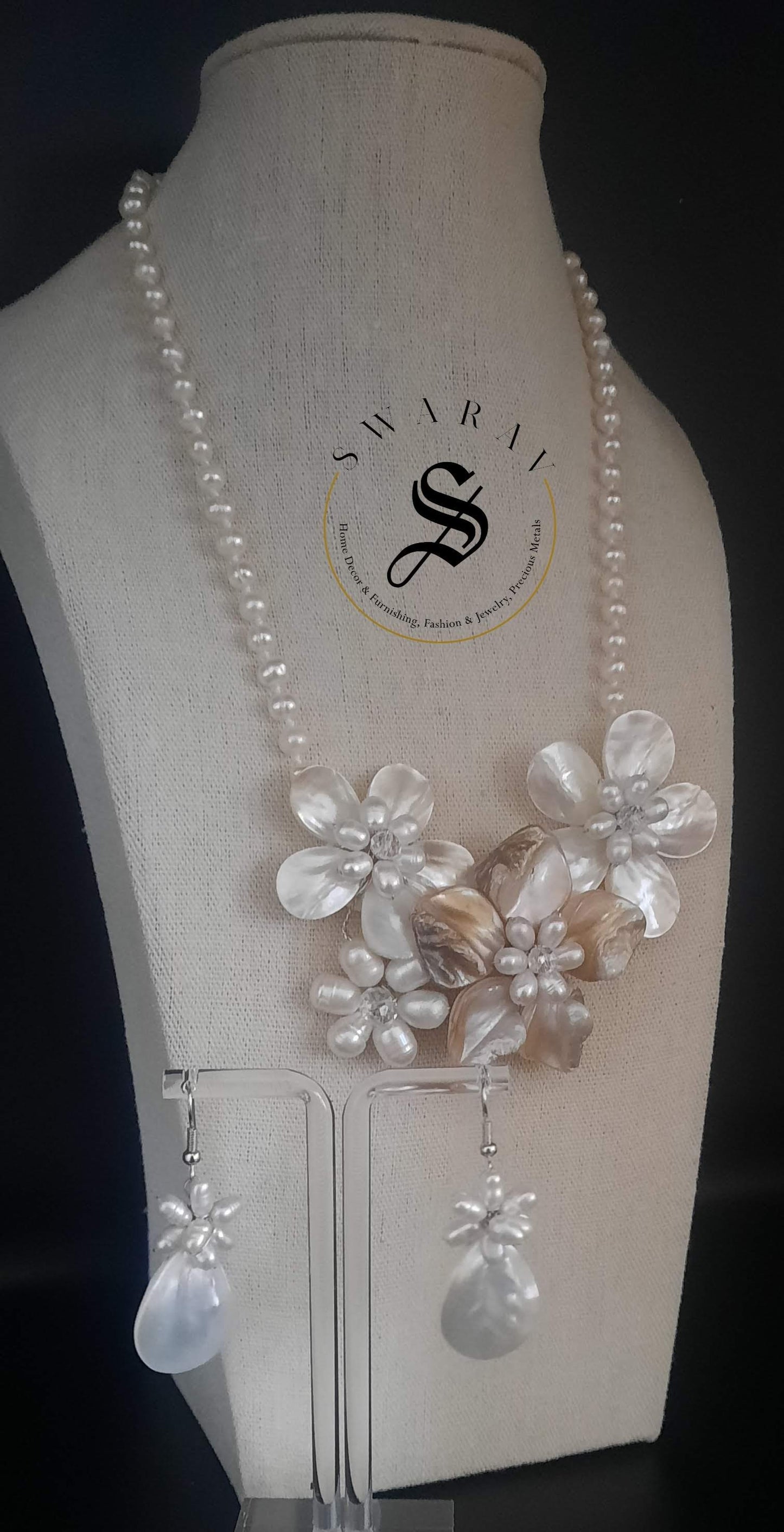 Cultured Pearl and MOP short floral Necklace set.