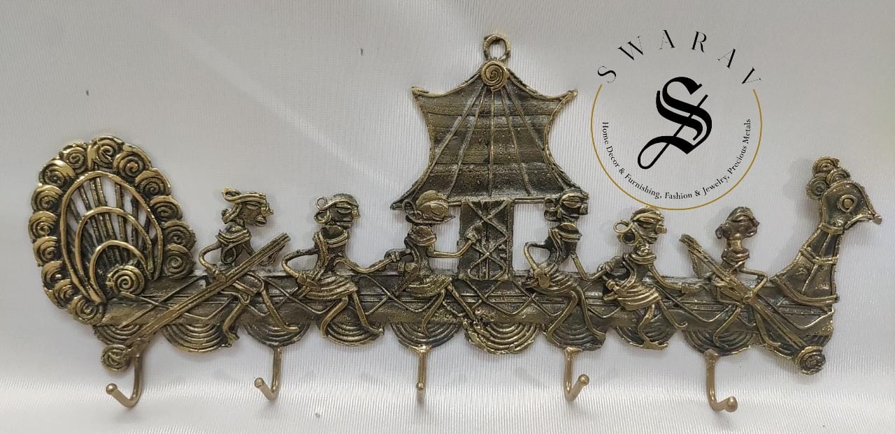 Dhokra Art Brass Wall mount Key Hanger - Large peacock boat ( 5 hooks)